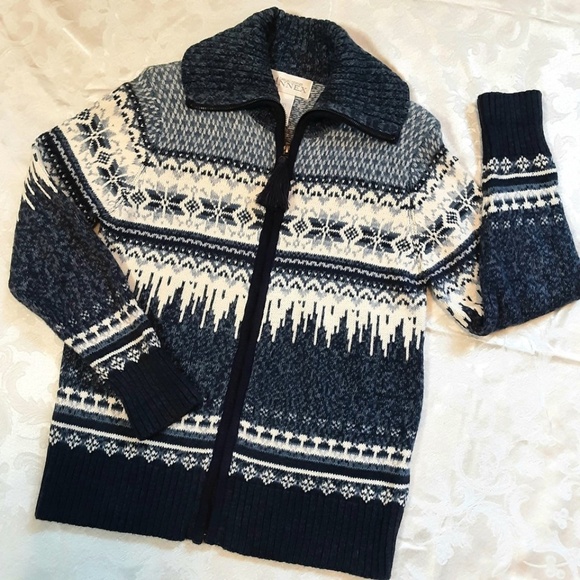 Vintage Blue & White Front Zip Sweater Cardigan Nordic Snowflake Ramie Cotton S - Picture 12 of 12